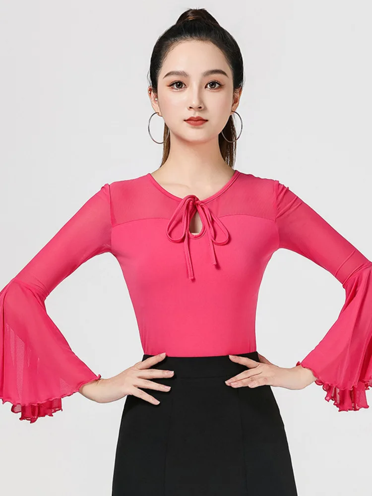 Mesh Patchwork Ballroom Waltz Latin Dance Top Dancewear Women Flare Sleeve Competition Girls Luxury Classical Clothes 2024