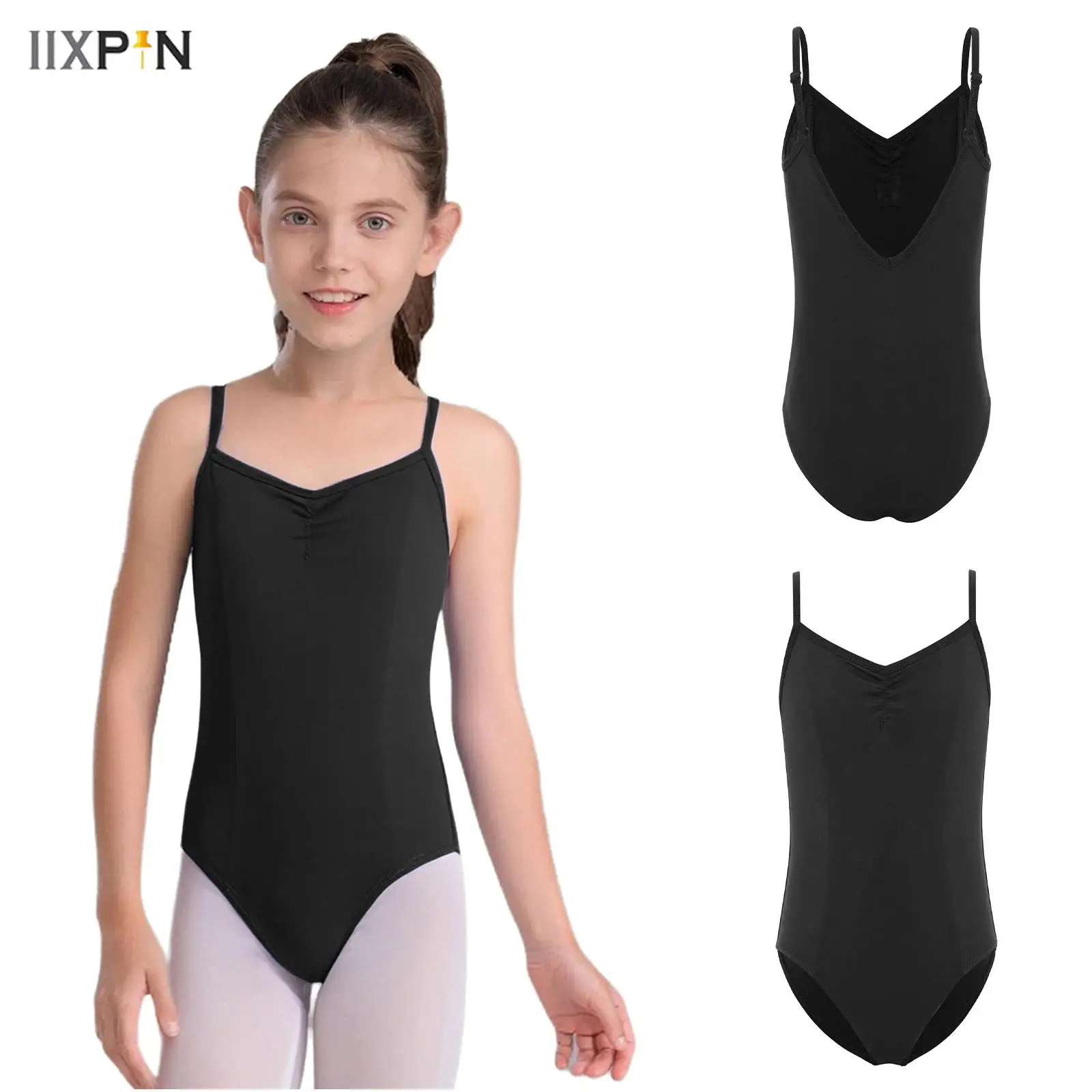 

Kids Girls Ballet Dance Gymnastics Costume Sleeveless Adjustable Spaghetti Straps Front Ruched Leotard for Practice Performance
