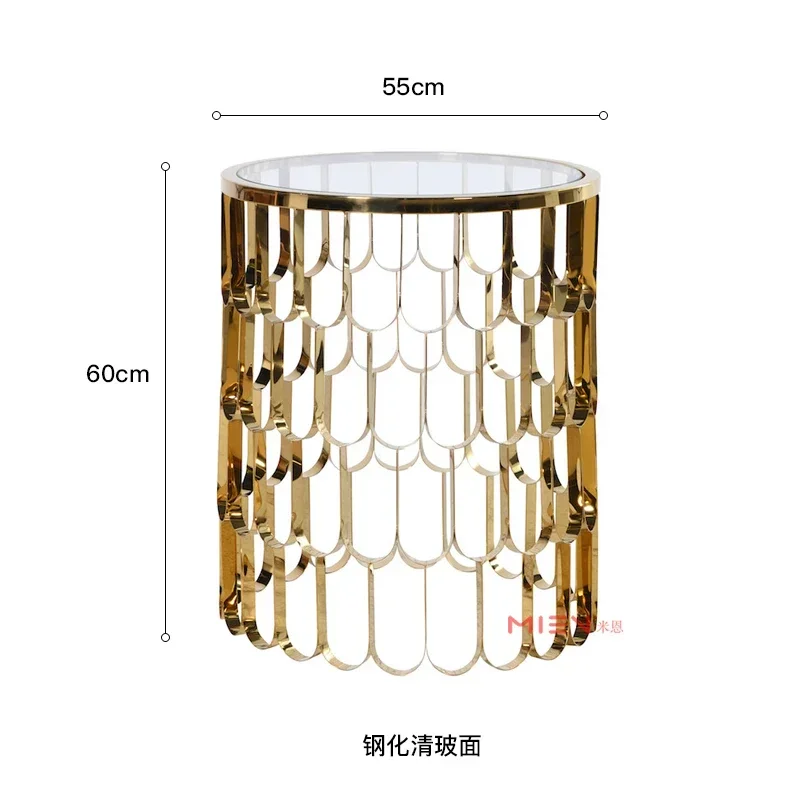 Texture round Corner Table Tempered Glass Side Table Landscape Pattern Marble Top Hollow Metal round Coffee Table
