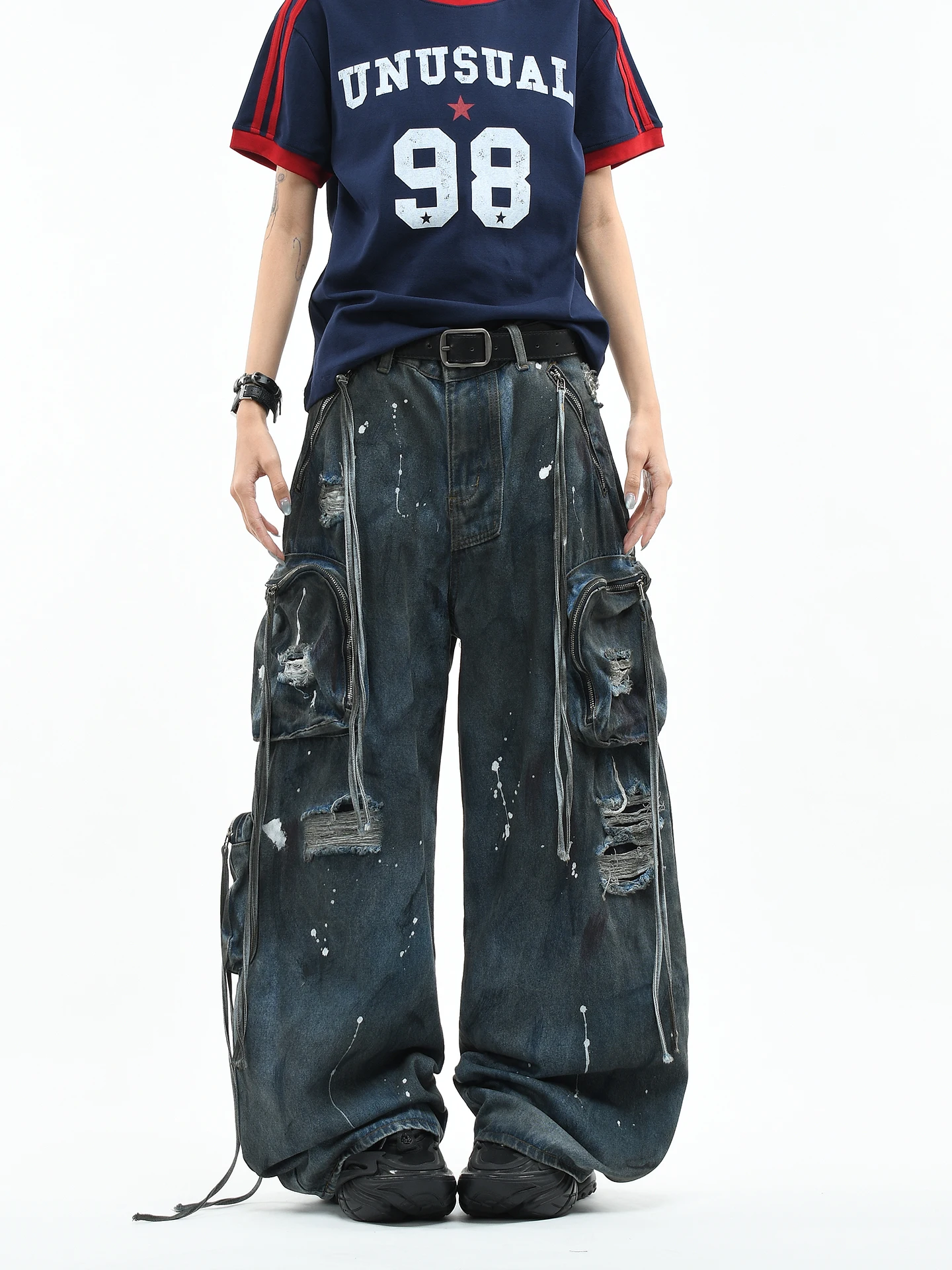 

OV Original High Street Distressed Denim Jeans Loose Wide Leg Multi Pocket Workwear Long Trousers for Men And Women