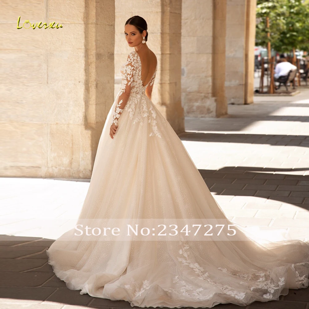 Loverxu A-Line Elegant Wedding Dresses V-Neck Long Sleeve Tulle Vestido De Novia Appliques Beaded Chic Custom Made Bridal Gown