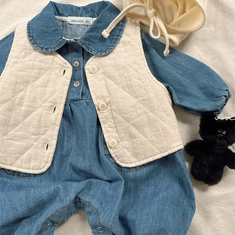 2024 Autumn New Baby Long Sleeve Denim Romper Solid Infant Boy Girl Fashion Lapel Jumpsuit Newborn Toddler Casual Clothes 0-24M