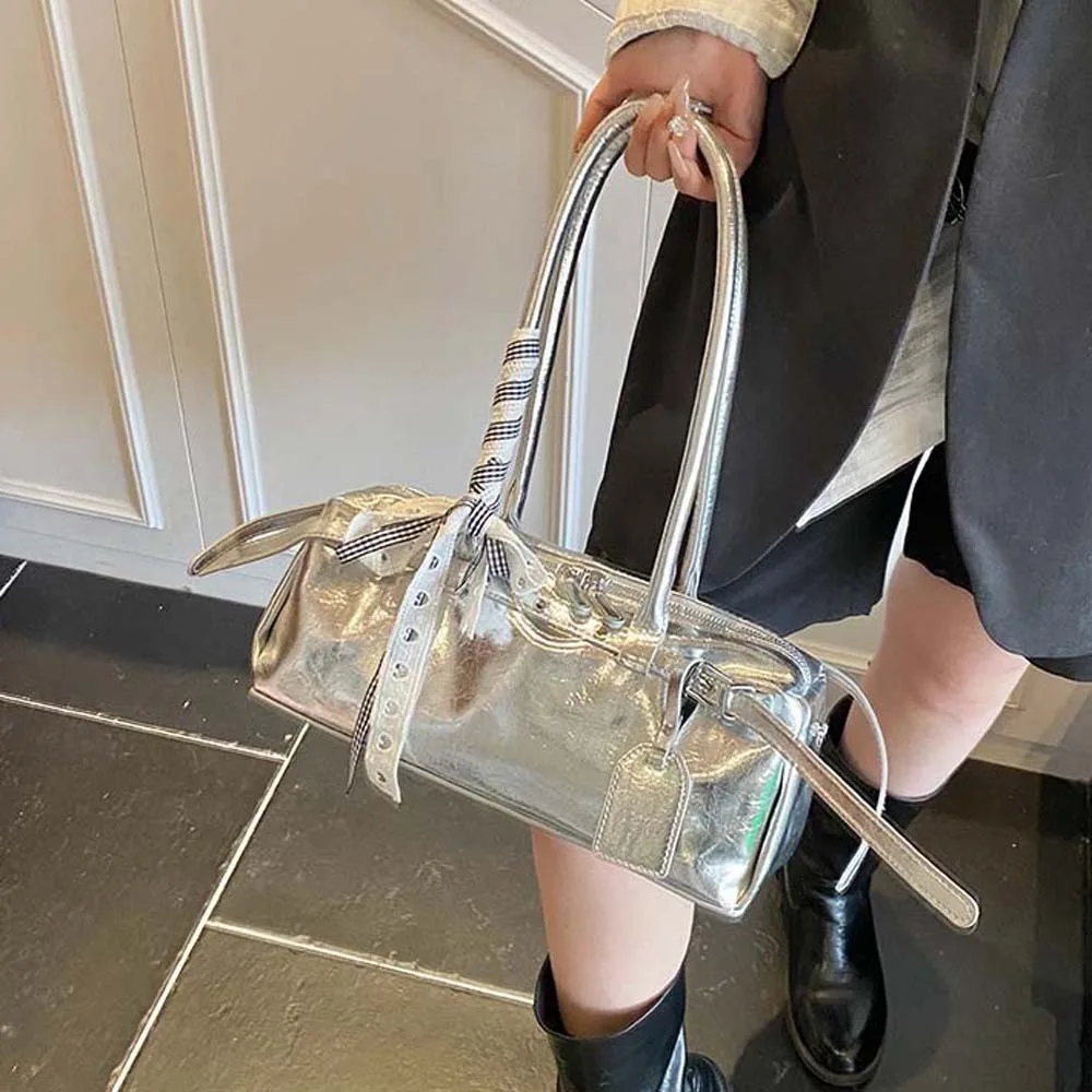 

Solid Color French Stick Handbag High Quality Bow Ribbon Silver PU Shoulder Bag Waterproof Texture Cylinder Underarm Bags Women
