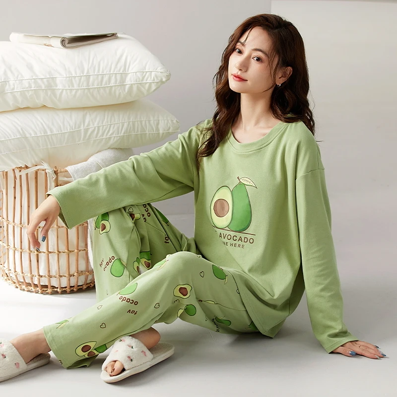 100% Cottton Women Pajamas Set Spring and Autumn Long Sleeve Leisure Pijamas With Chest Pad