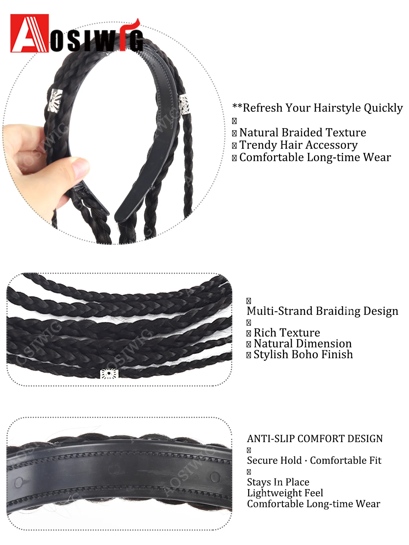 24 Inch Synthetic Boho Braided Headband Decorative Braids Hairpiece Elastic Non‑slip Hair Accessory for Festival Party Vacation`