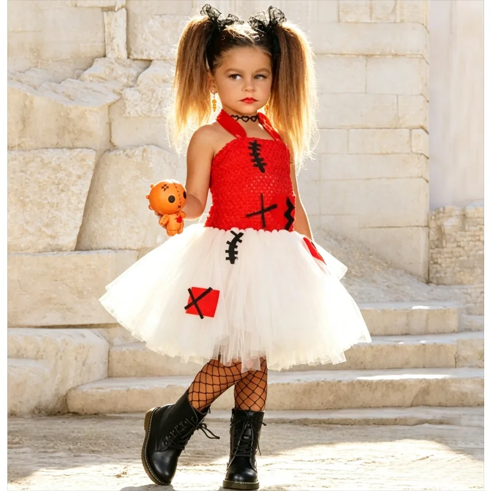 

Girls Creepy Broken Voodoo Doll Costume, Scary Halloween Tulle Tutu Dress, Spooky Outfit for Carnival Party Dress Up & Role Play