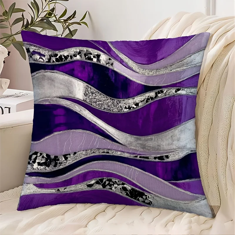 1pc 2D Flat Pillow Not Included Purple Silver Wave Abstract Art Cushion Cover Short Plush Modern Sofa Decor Trendy Gift Case