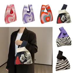 Handmade Knit Handbag Women Mini Knot Wrist Bag Casual Color Plaid Tote Bag Student Reusable Shopping Bags