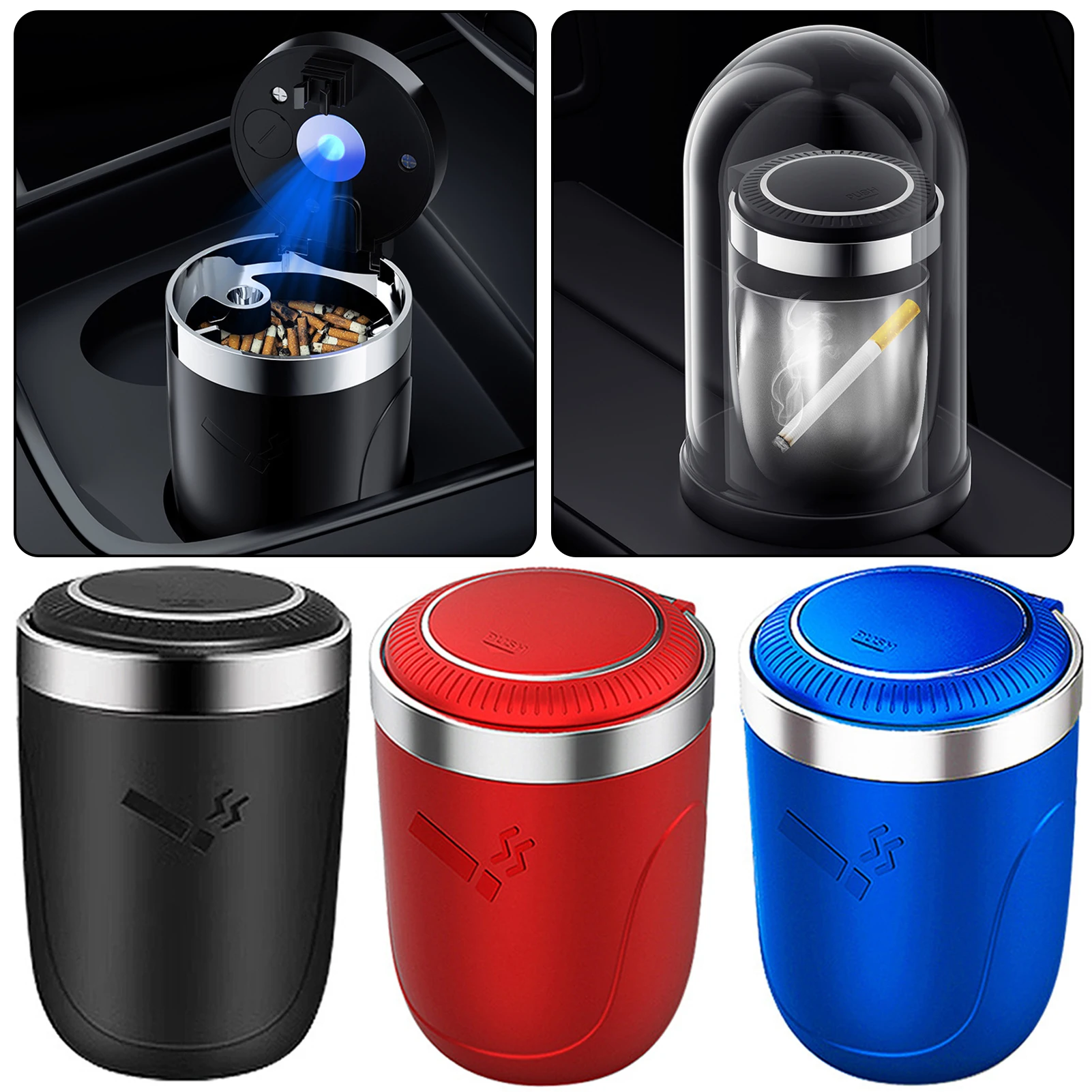 Car Ashtrays Portable Car Ashtrays With Lid/LED Light Detachable Metal Car Ashtrays For Smokers Multifunctional Car Trash Can