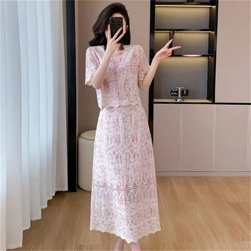 Elegant Pearl Long Dress Suits Women 2 Piece Sets Summer Short Sleeve Flower Embroidery Lace Shirt A Line Midi Skirt Sets