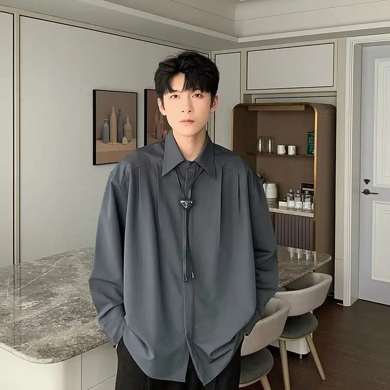 

Мужская повседневная свободная рубашка Hualun с длинным рукавом, весна-осень, в корейском стиле, с волнообразным узором, свободного кроя, с воротником-стойкой.