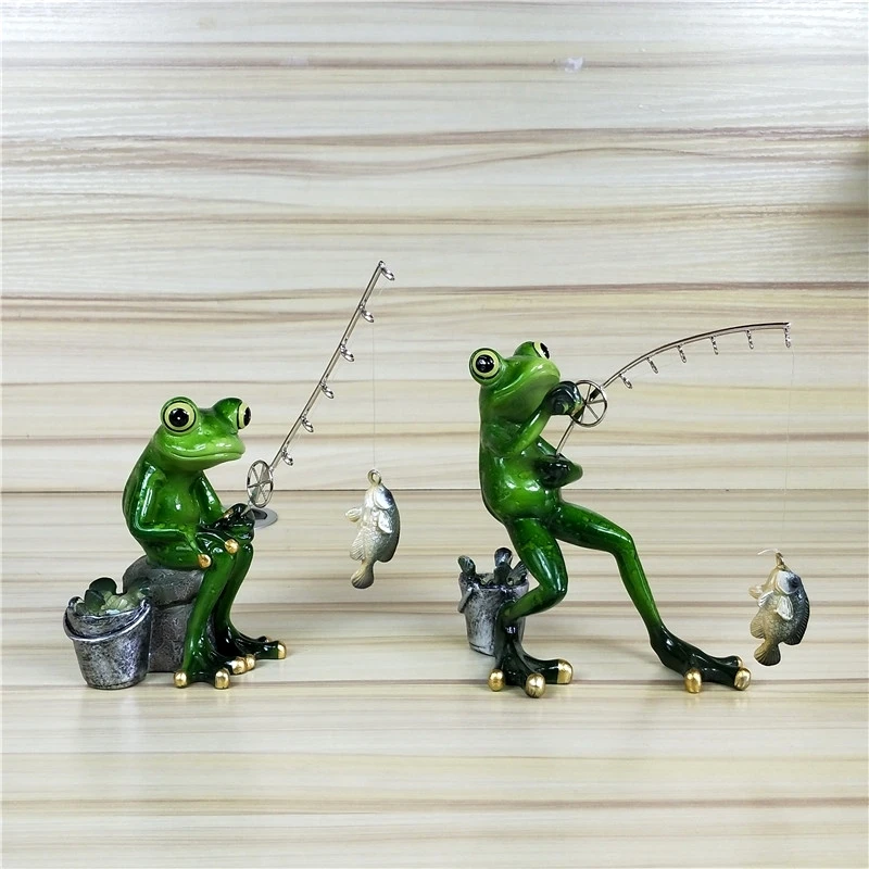 Fishing Frog Figurine Resin Frog Angler Miniature Garden Animal Outdoor Hobby Souvenir Craft Novelty Decor Ornament Accessories