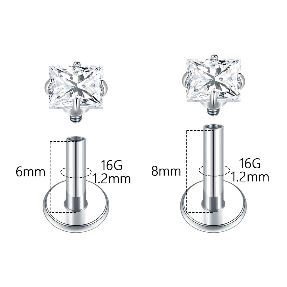 1/5pcs ASTM F136 Titanium 3mm Square Zircon Stud Earrings 6/8mm Cartilage Helix Tragus Labret Piercing Body Jewelry ﻿
