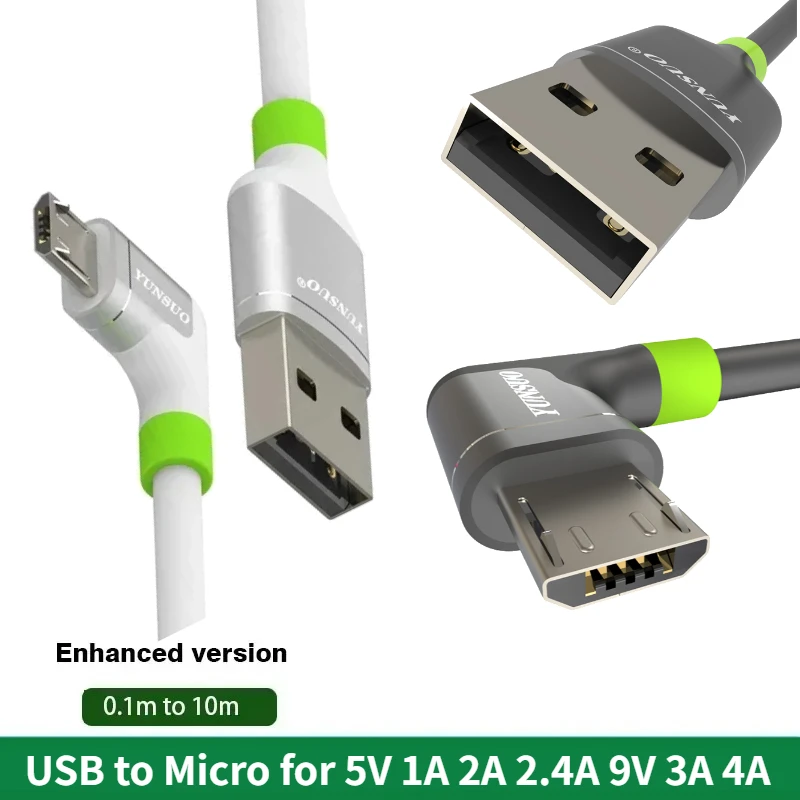 USB 2.0 To Micro Android Elbow 90 Degree 5V 2.4A 9V 3A 4A 20W 40W Quick Charging Data Cable 5m 8m VR Digital Camera Car Recorder