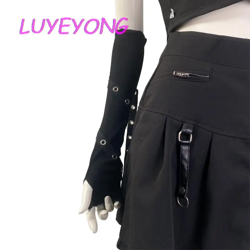 Women Gothic Elbow Length Glove Japanese Harajuku Unisex Punk Gloves  2023 Lady Men Fingerless Winding Eyelet Strap Mittens