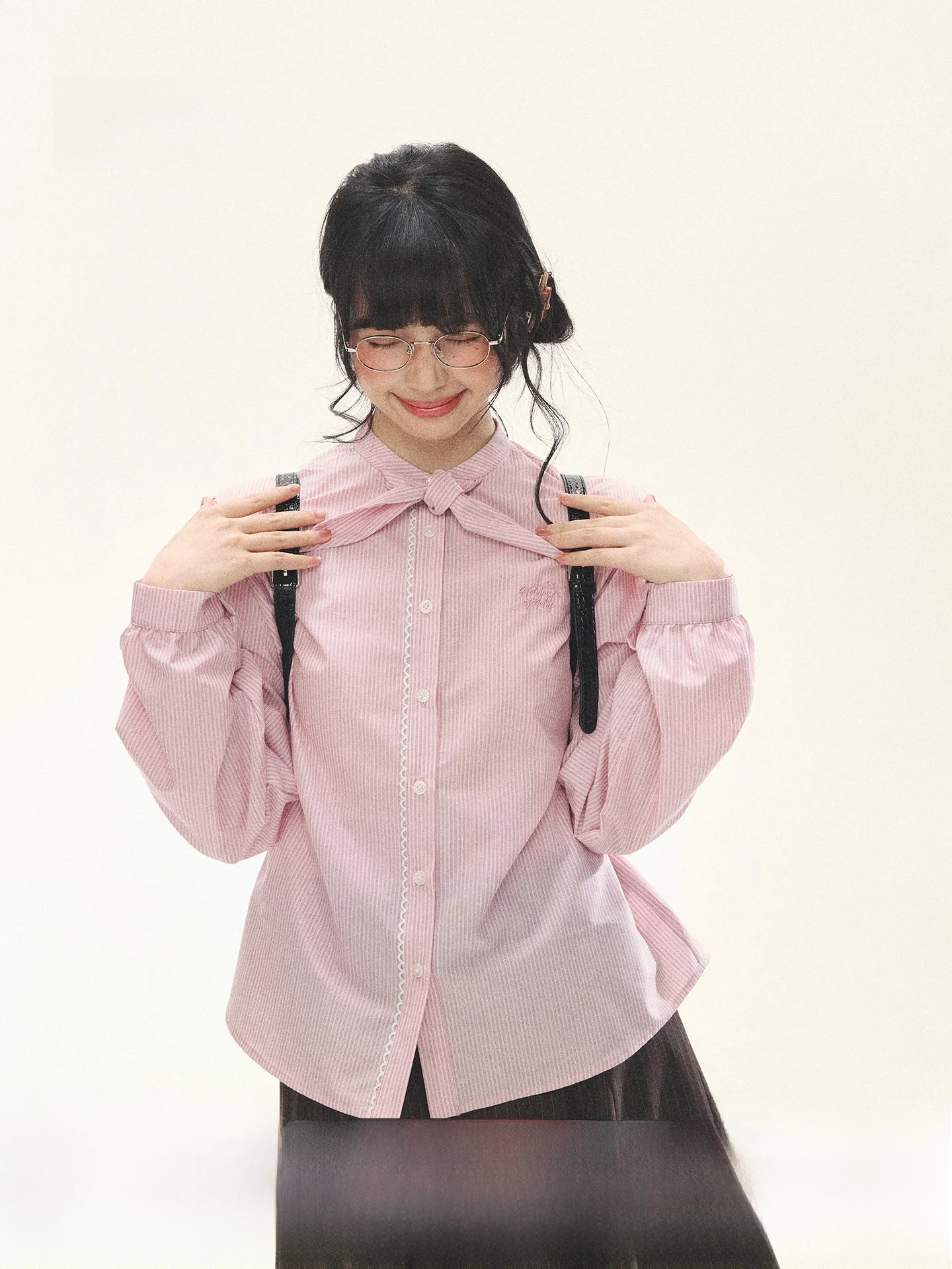 

Holid Map "Pink Interval Poem" Early Spring Cotton Removable Bow Tie Lantern Sleeve Shirt Women's Sweet Style Long Sleeve Shirt
