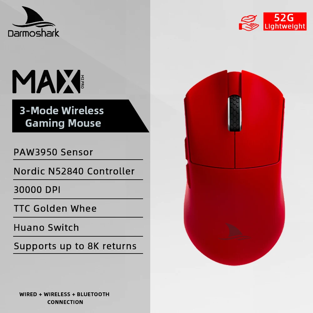 Darmoshark M3PROMAX PAW950 Bluetooth Mouse ,Tri-Mode Connection,30000 DPI,Nordic 52840 RGB 52g Mice,Macro Gaming Mouse Laptop PC