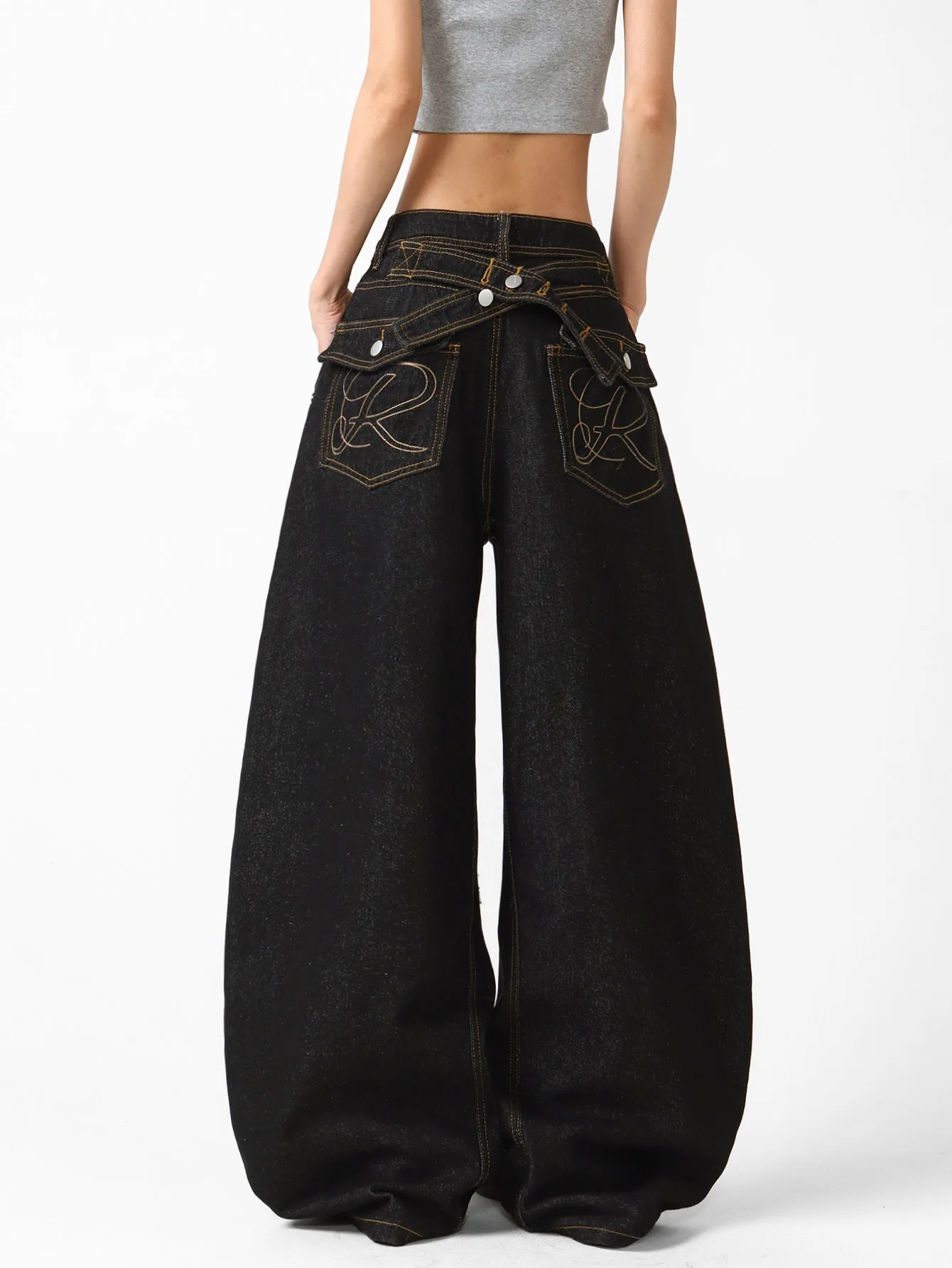 Young Girl High Waist Curved Wide Leg Mop American Street Jeans With Back Waist And Back Pocket Embroidered Loose Hanging Pants