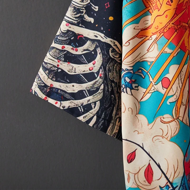 เสื้อคลุมกิโมโนสไตล์ญี่ปุ่นลายหัวกะโหลกสุดเทรนดี้ แฟชั่นสตรีท สไตล์ลำลองสำหรับฤดูร้อน เหมาะสำหรับคู่รัก ทรงโอเวอร์ไซส์ ใส่คลุมชุดว่ายน้ำไปเที่ยวทะเล ชุดคลุมวันพีซ