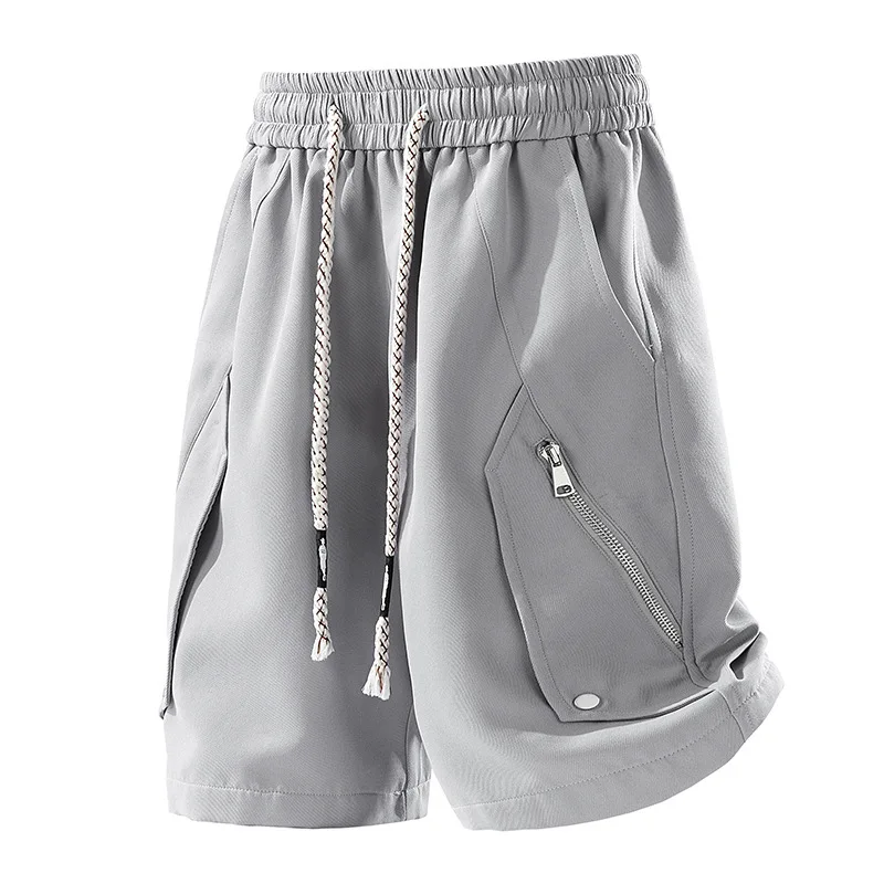 

Summer Men's Elastic Waist Drawstring Cargo Shorts Loose Solid Zipper Pocket Straight Casual Streetwear Shorts Man Plus Size 8XL