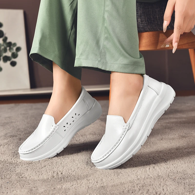 STRONGSHEN Women Flat Shoes Leather Loafers Soft Sole White Nurse Shoe Ladies Office Anti-Skid Casual Hollw Out Work Shoes