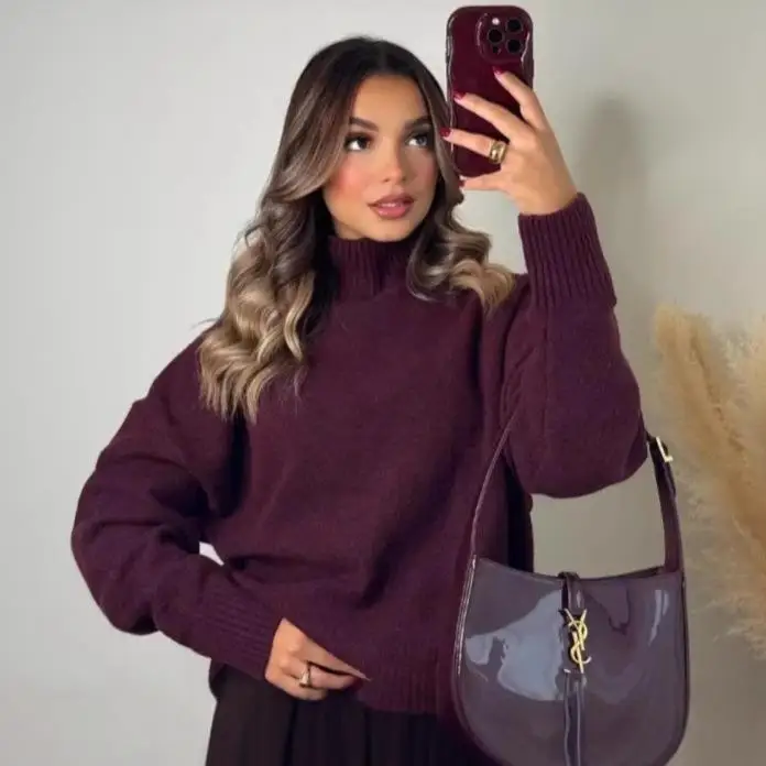 

Soft High Collar Knitted Sweater Pure Color Street Sle Autumn Winter New Arrival Women's Faionable Camere like Fabric