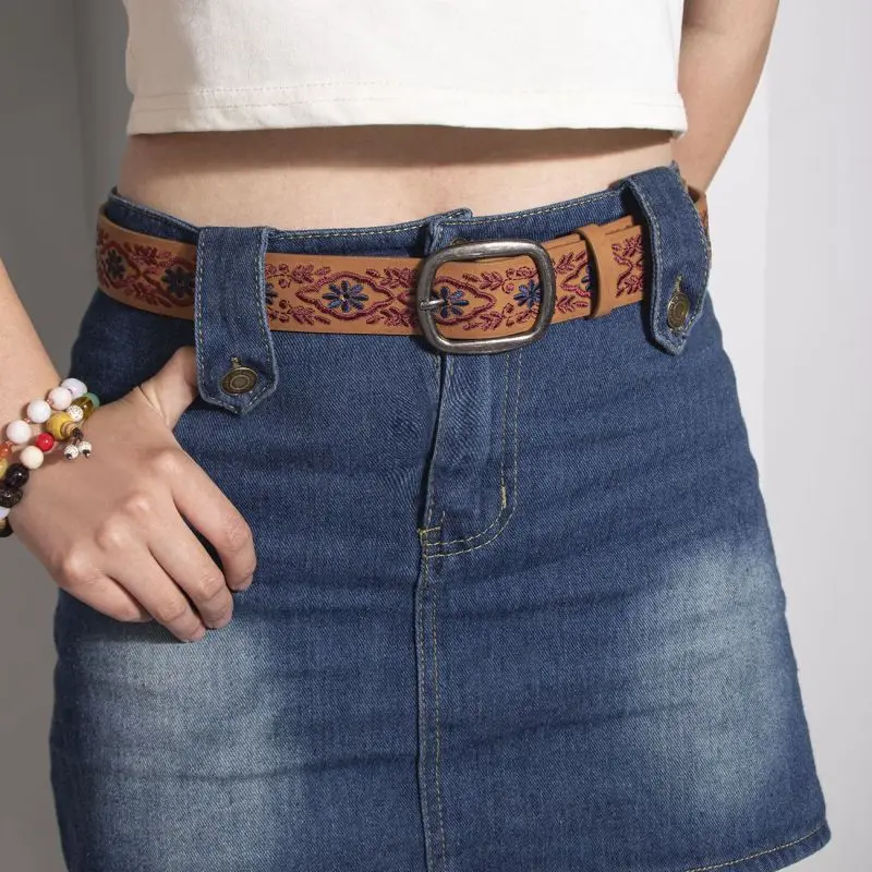 Bohemian vintage ethnic-style belt, embroidered women's leather belt, boho fashion belt