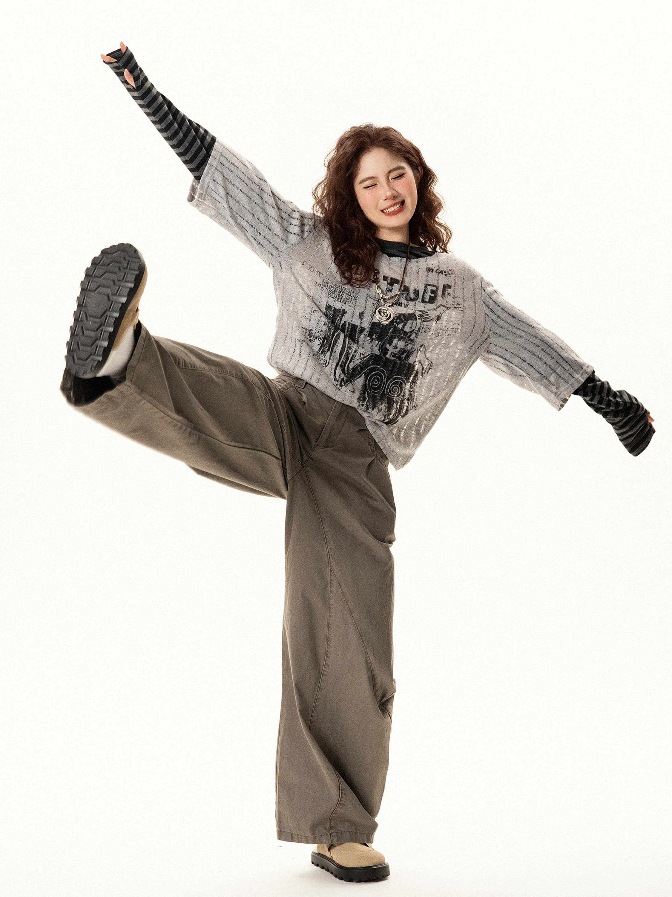 

American Retro Long Sve T-irt Women Loose Versatile Summer Trendy Street Sle round Ne Casual Comfortable Top