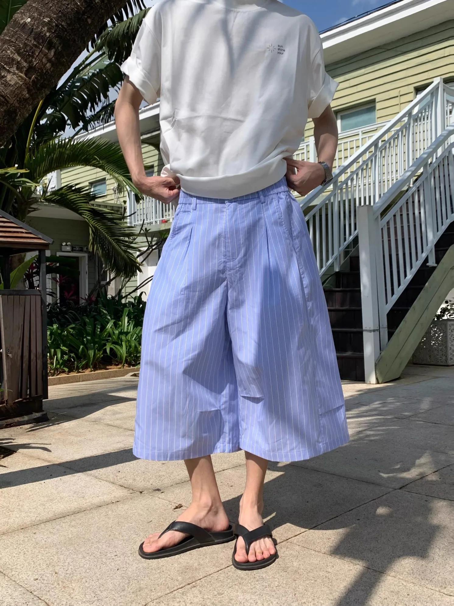 

Blue Striped Loose Wide Leg Seven-Foot Pants Men's Summer Casual Breathable Under-Knee Couple Matching Straight Cut Trousers