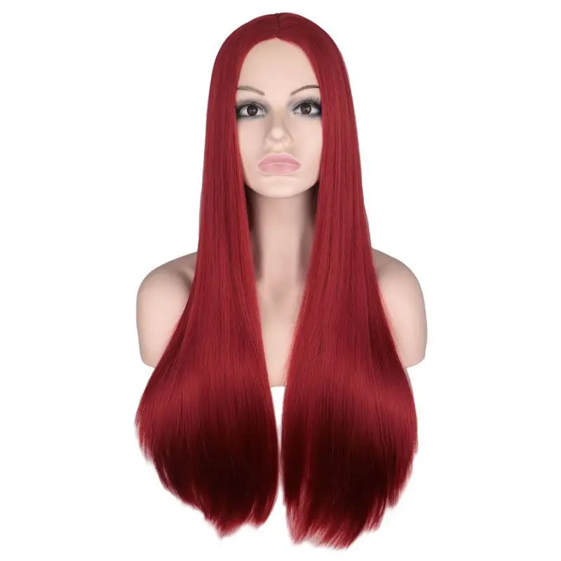 Perruque de Cosplay pour femmes, cheveux longs et lisses, rouge foncé, accessoires de Costume pour fête d'halloween