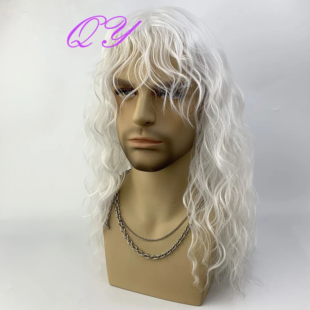 Synthetic Men Wig Water Wave Golden Color Long Curly Male Wig With Bangs Daily or Cosplay Adjustable Size Man Hair Wig