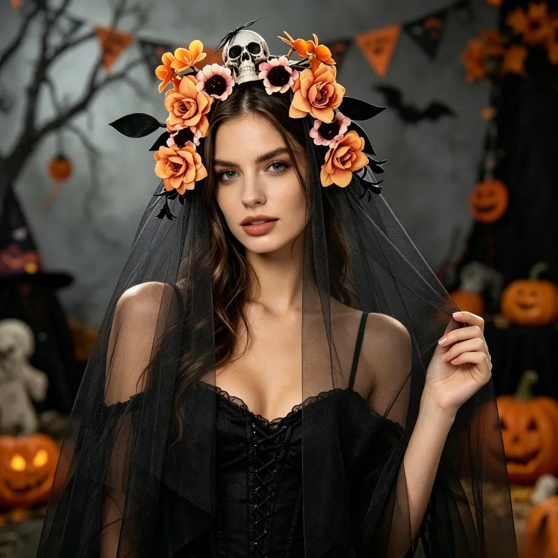 Go for It! Flower - Skull Veil Headband Exclusive for Women on Halloween Perfect for Unique Party Looks!
