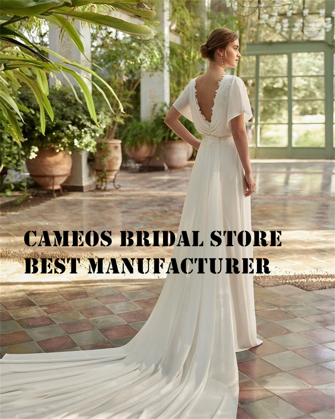 SONDR Custom Made Boat Neck Wedding Dresses White Vintage Chiffon Jumpsuit Cape Sleeves Brides Gowns  Ivory Women Bridal Dresses