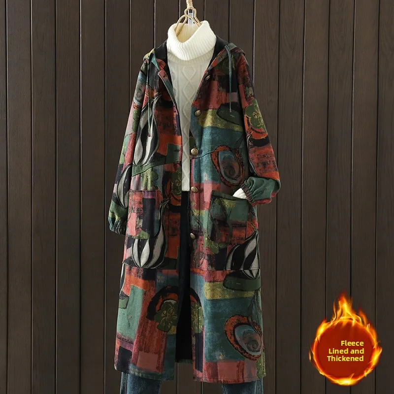 Jaqueta de aodão de lã espada retrô longo solto cobrindo a barriga impro casaco com capuz outono inverno novo estilo ...
