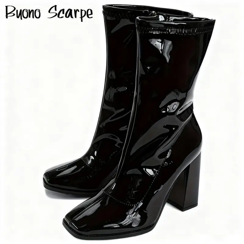 

2025 Western Style Patent Leather Square Toe Stretch High Heels Women Boots Zipper Large Size Solid Color New Fashion Sexy Shoes