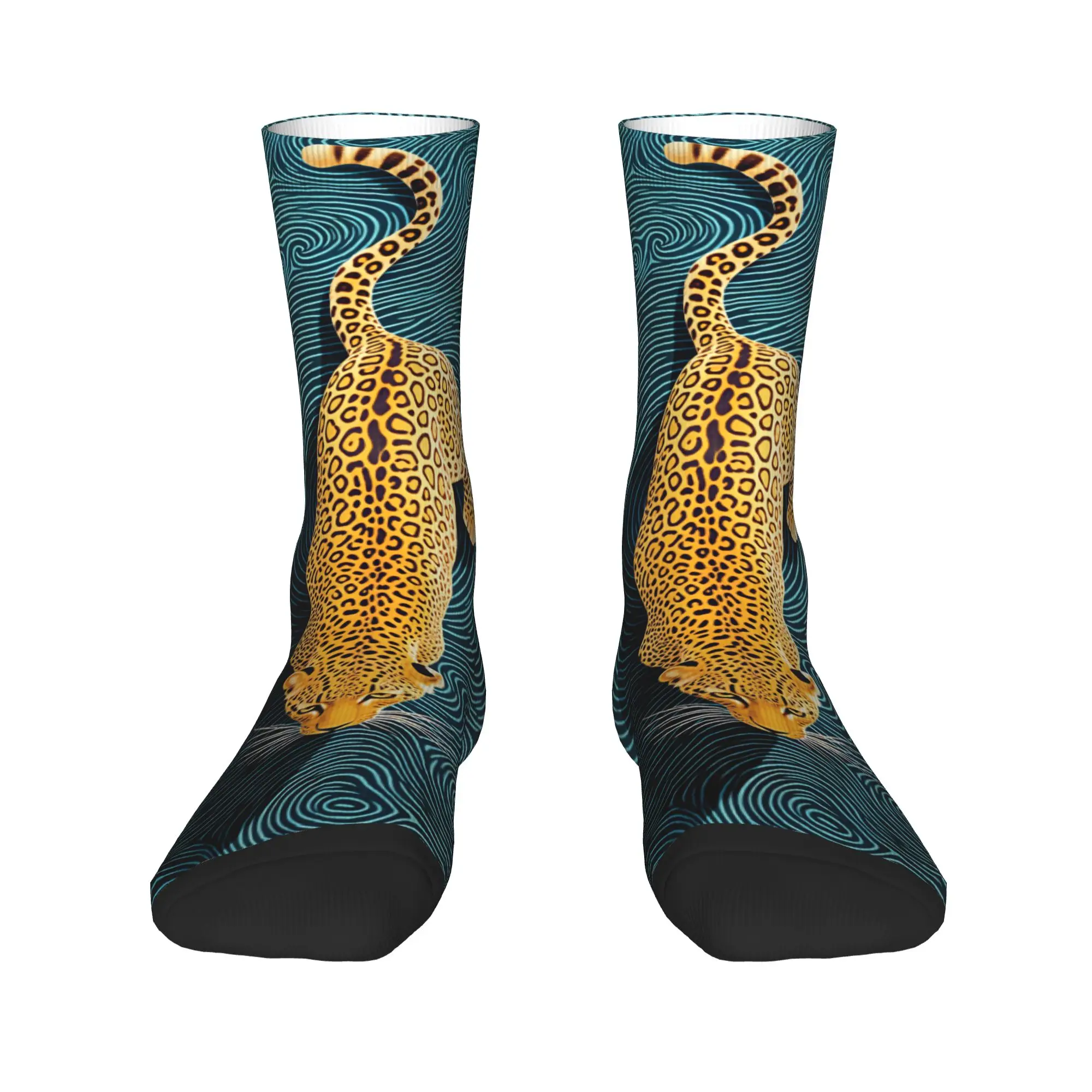 Men's Socks Top View Golden Leopard On Teal Swirl Art  Stockings Autumn Gothic Breathable Socks Pattern Skateboard Slip Socks