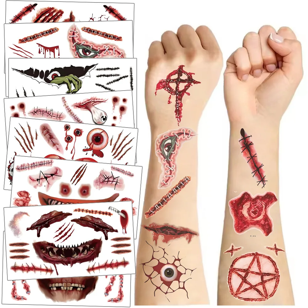 10 Sheets Halloween Fake Scars Tattoo Sticker Temporary Fake Tattoo Arm Hands Body Waterdichte Tatouages Pour Gift Kids Toys ﻿