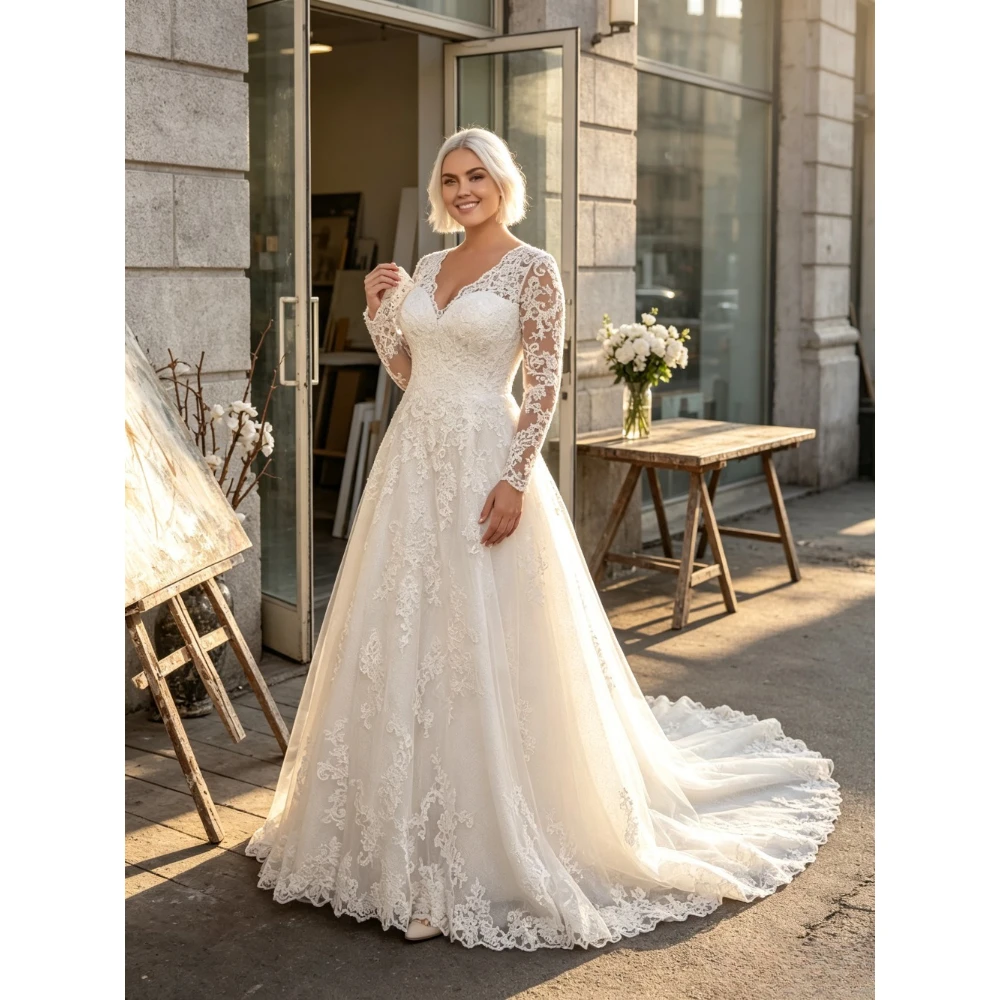 Customized Luxury Lace V-neck Long Sleeved A-line Wedding Dress 2026 Decal Bridal Gown Plus Size Suitable for Formal Occasions