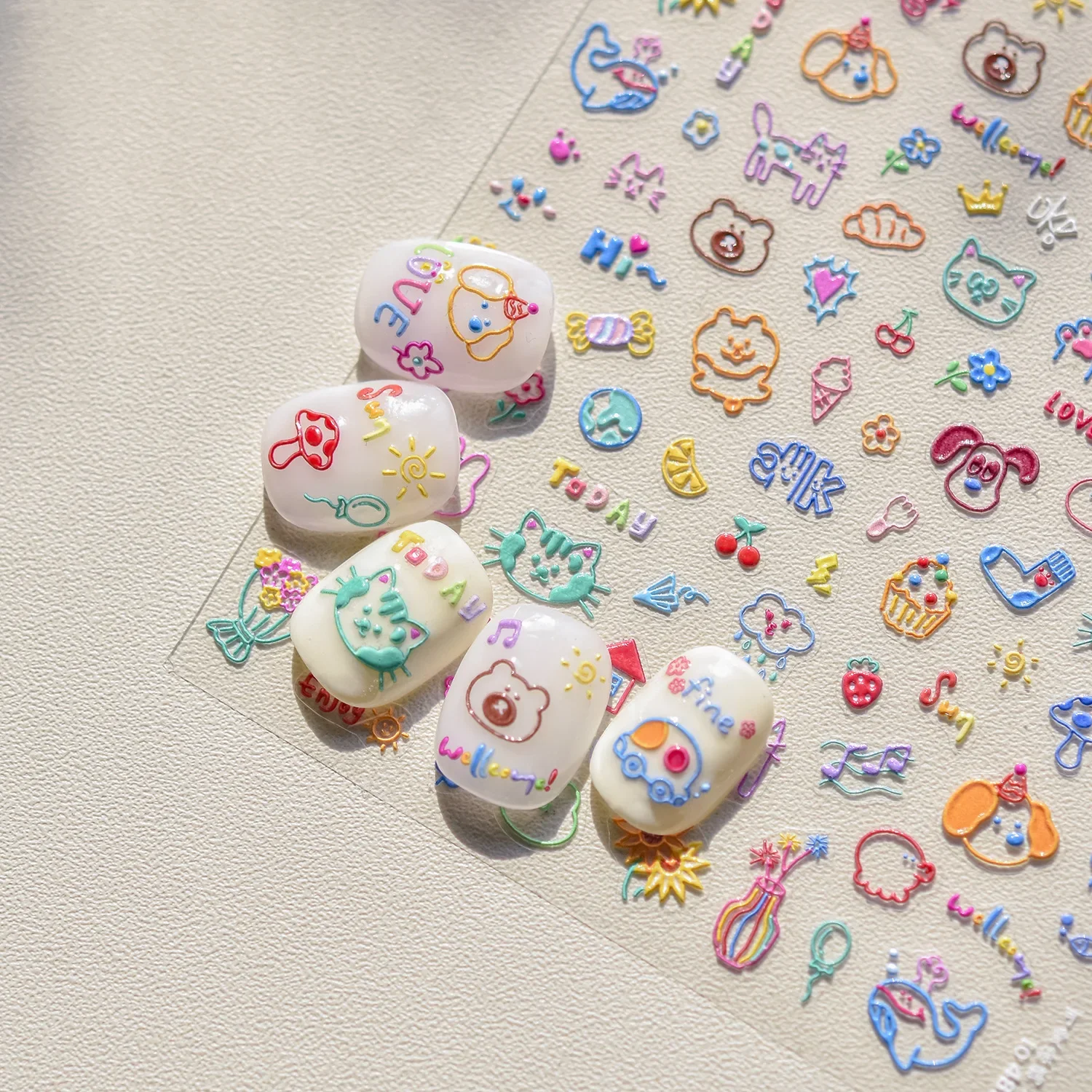 Collage Text English Letter Musical Note Star Graffiti Colorful 5D Love Heart Bowknot Nail Art Sticker Adhesive Manicure Decals