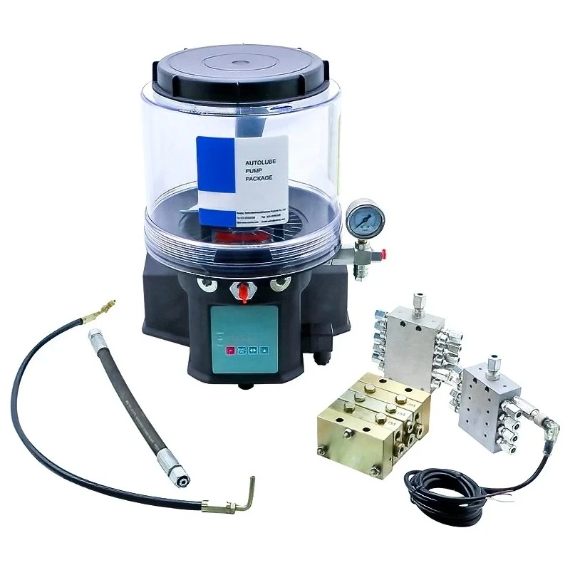 24V progressive electric grease pump for central lubrication systems, suitable for excavators, loaders, and trucks.