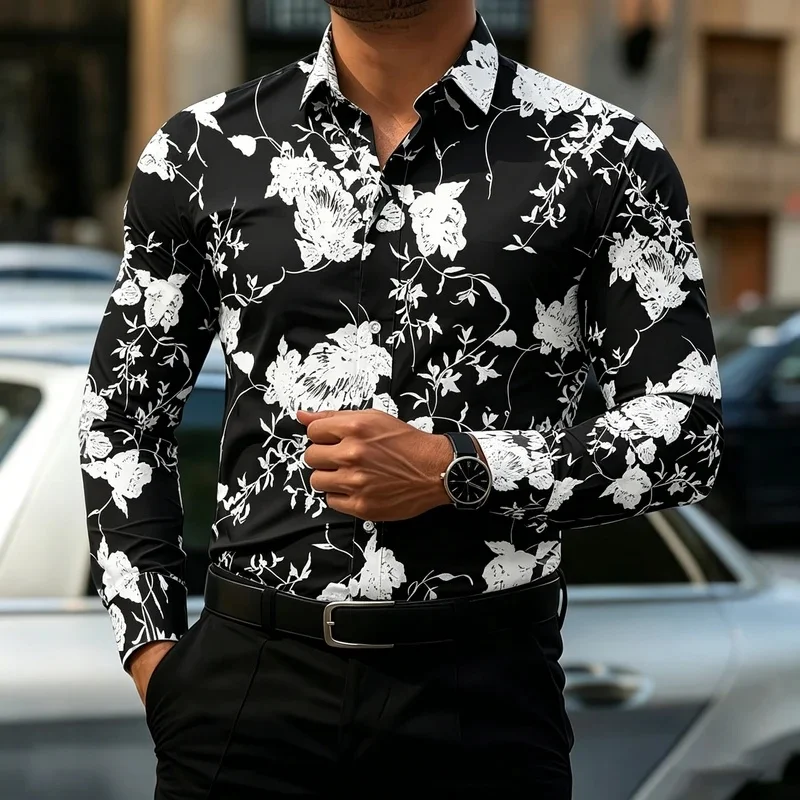 Trendy black and white printed shirt for men, long-sleeved, loose fit, versatile for vacations and commuting, collared top