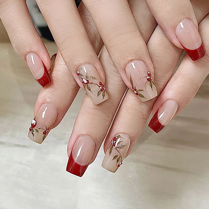 24 Uds. De uñas postizas trapezoidales cortas de estilo chino de uso rápido con puntas reutilizables de Gel francés para mujer elegante