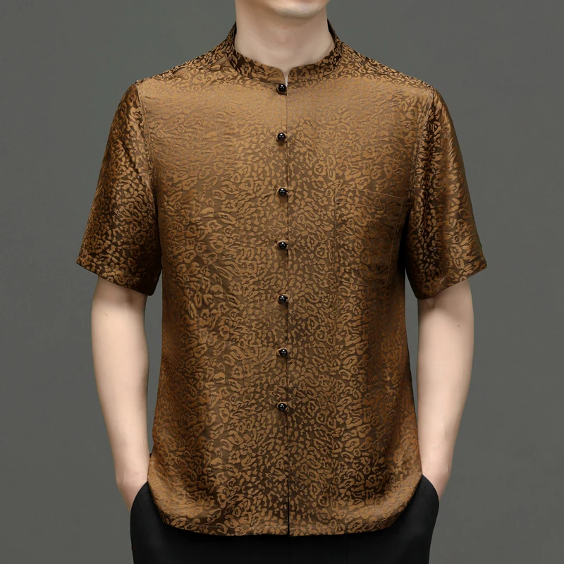 Mulberry Silk Viscose Luxury Shirts For Men Short Sleeved Leopard Summer Quality Frog Tang Costume Comfortable Camisas De Hombre