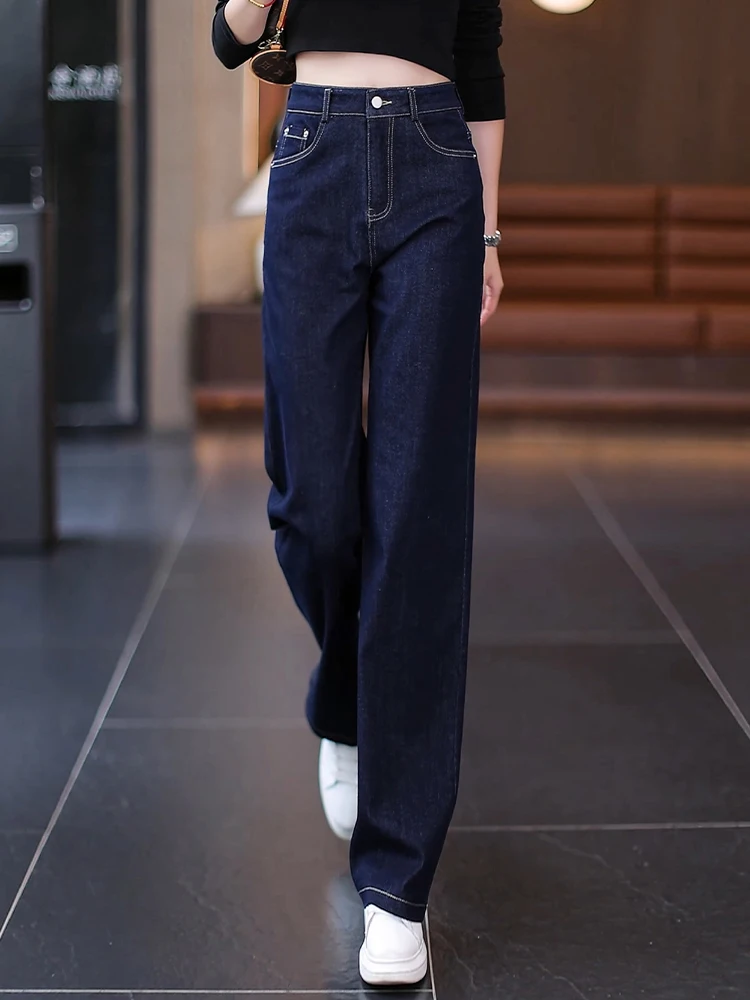 

High Waist Straight Leg Jeans Women's Casual Slim Fit Wide Leg Pants Spring Autumn Denim Blue Comfortable Breathable Cotton