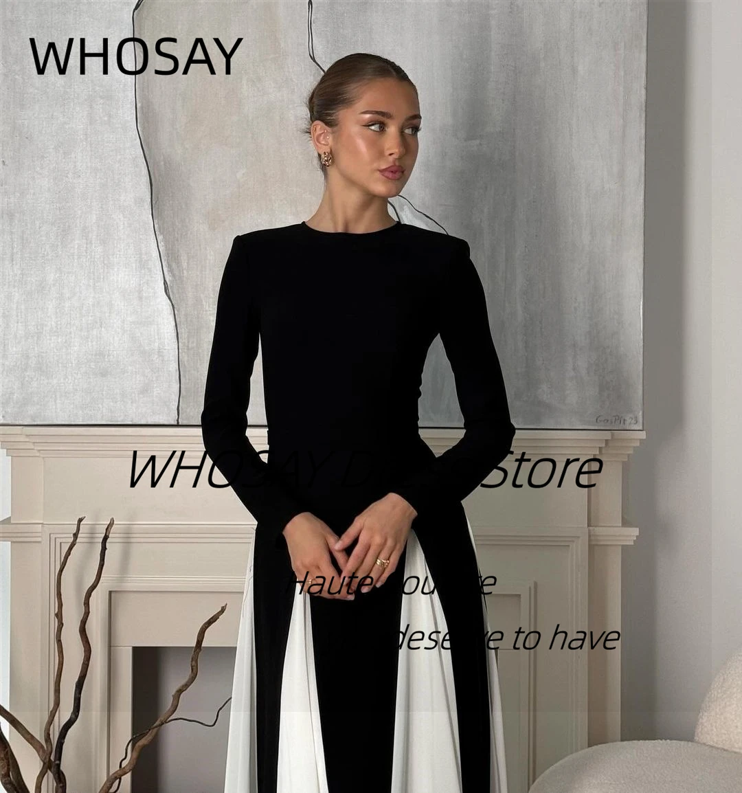 WHOSAY 2024 Fashion Black&White Evening Dresses Jewel Neck Long Sleeves Prom Dress Zipper Back Holiday Party Formal Gowns