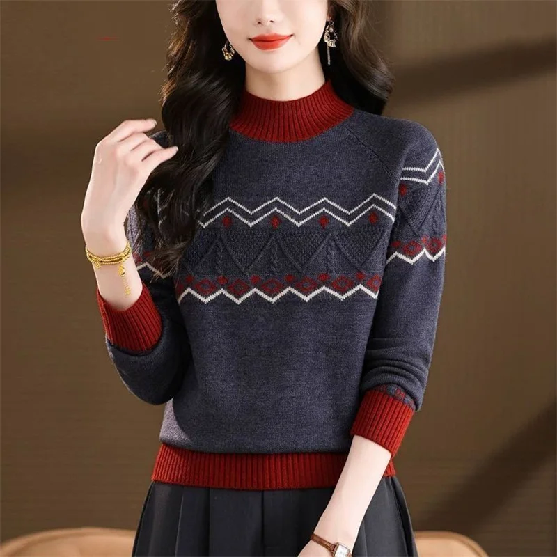 

Design Sense Knitwear Jacket Semi-Turtle Neck Women 2025 Autumn Winter New Sweater Coat Thickened Pullover Bottoming Top Female