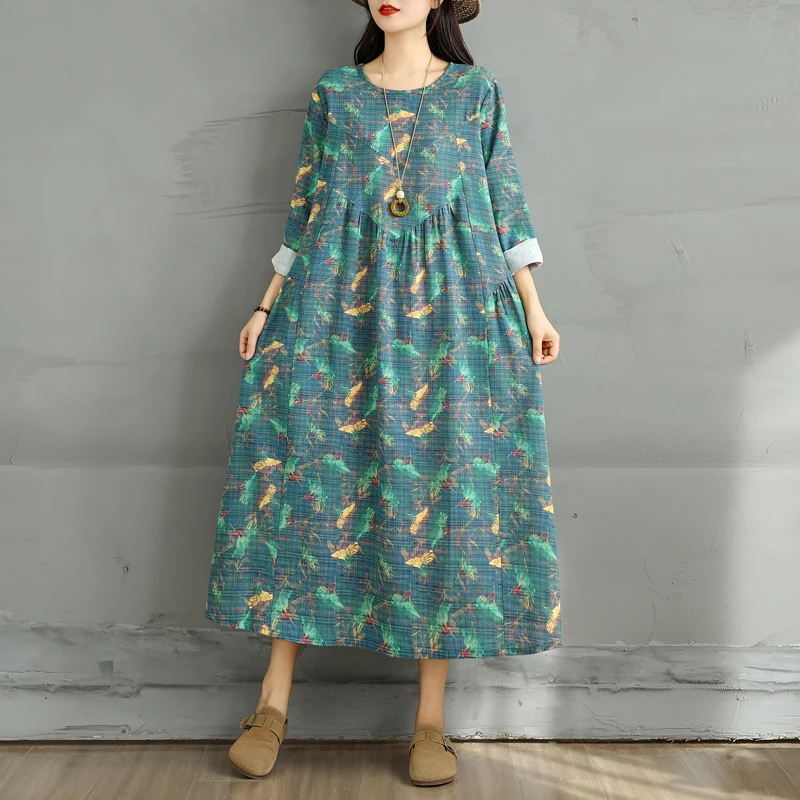 

Свободные синие длинные свеки с цветочным принтом большого размера Ne Dr, женские трапециевидные миди Dr Artistic Sle, смесь хлопка и льна