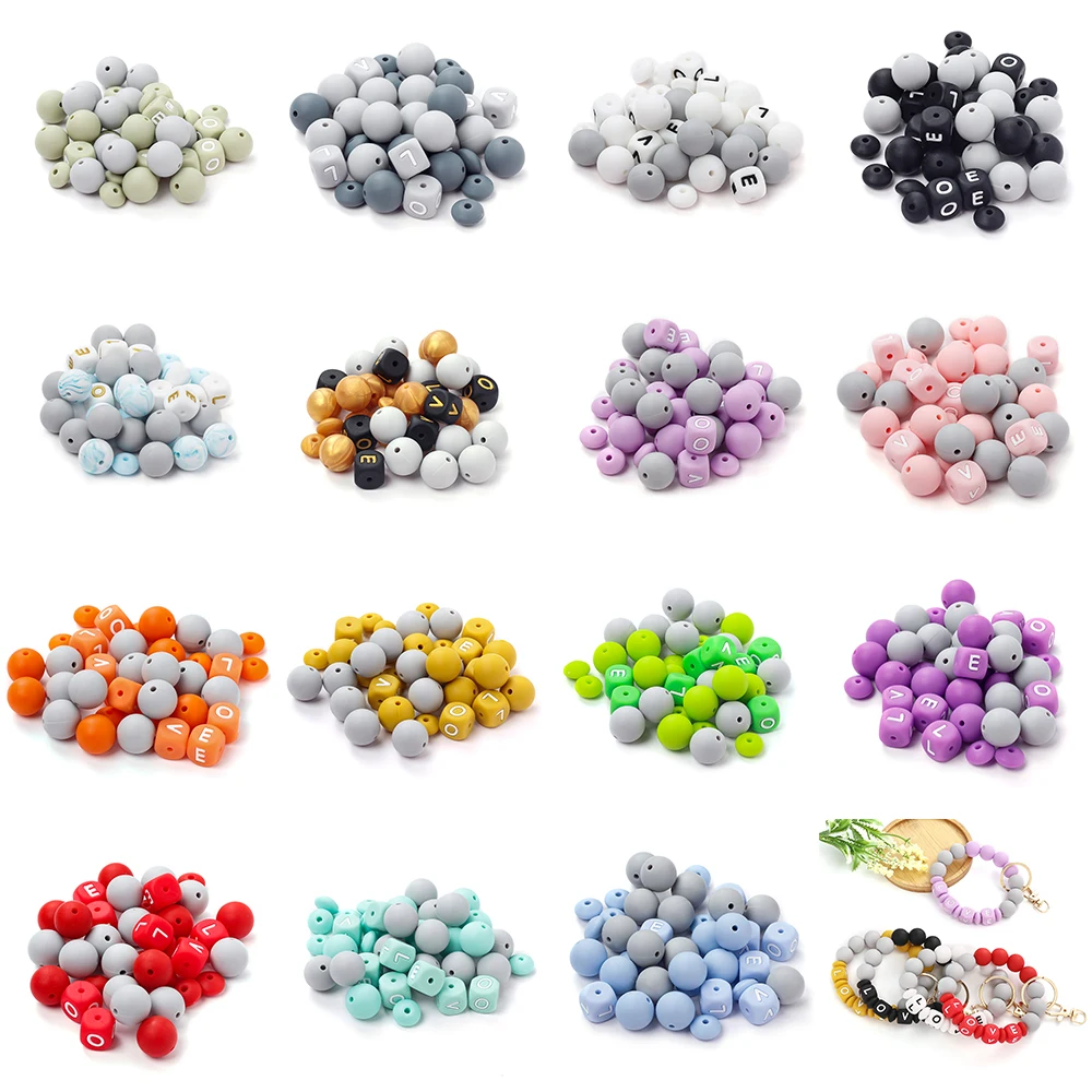 40Pcs 15 Style Round Silicone Beads 12mm LOVE Teether Letter Beads for Baby Nursing Necklace Bracelet Pacifier Clip Accessories