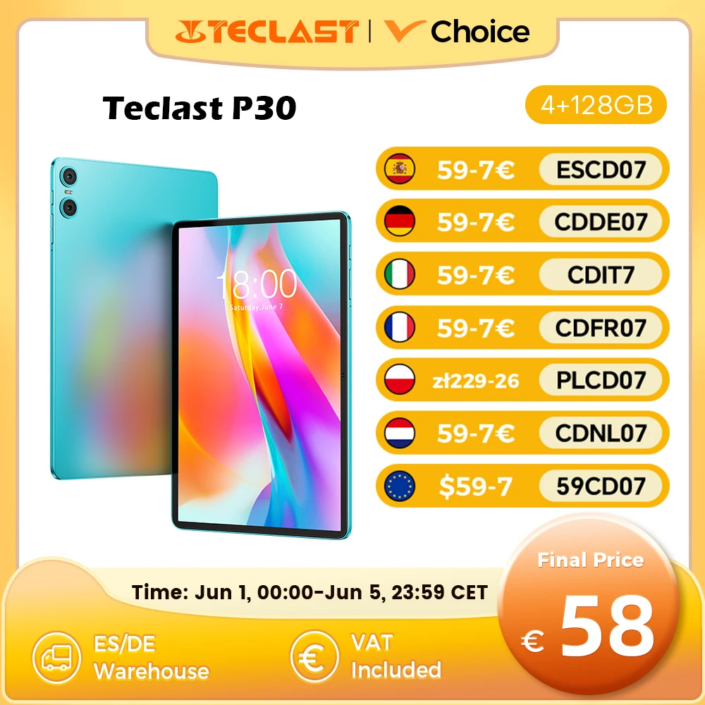 Teclast P30 Tablet 10,1" Android 14, Max 12GB RAM (4GB+8GB Erweiterung), 128GB ROM, UNISOC T606