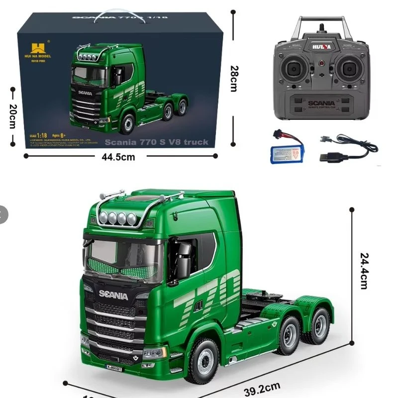 Huina 1/18 مقياس 19ch Rc شاحنة 770s سكانيا سبيكة جرار مع جهاز التحكم عن بعد لعبة مقطورة الهندسة ميزات الضوء والصوت
